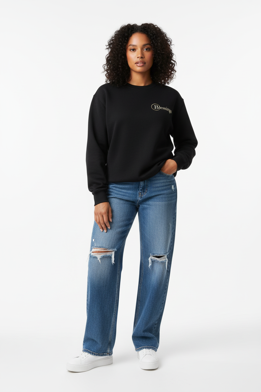 Biracial Female Model - Black Crewneck with Wide Leg Jeans