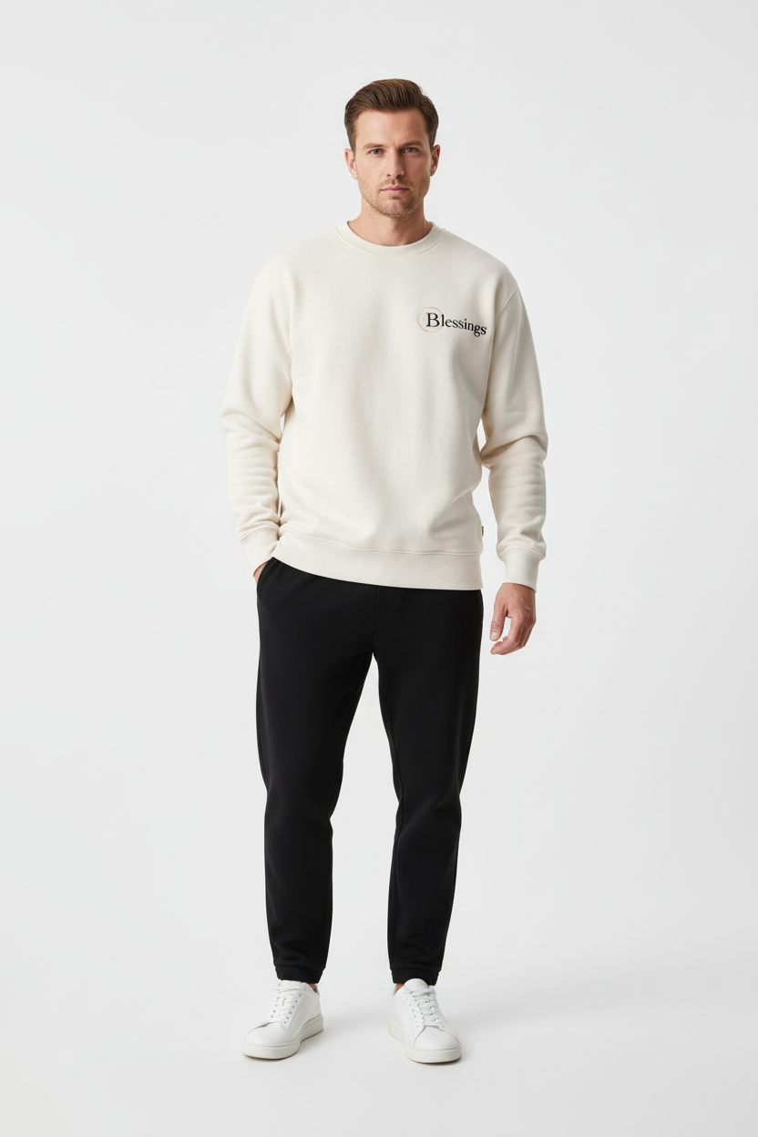 White Male Model - Cream Crewneck with Black Joggers